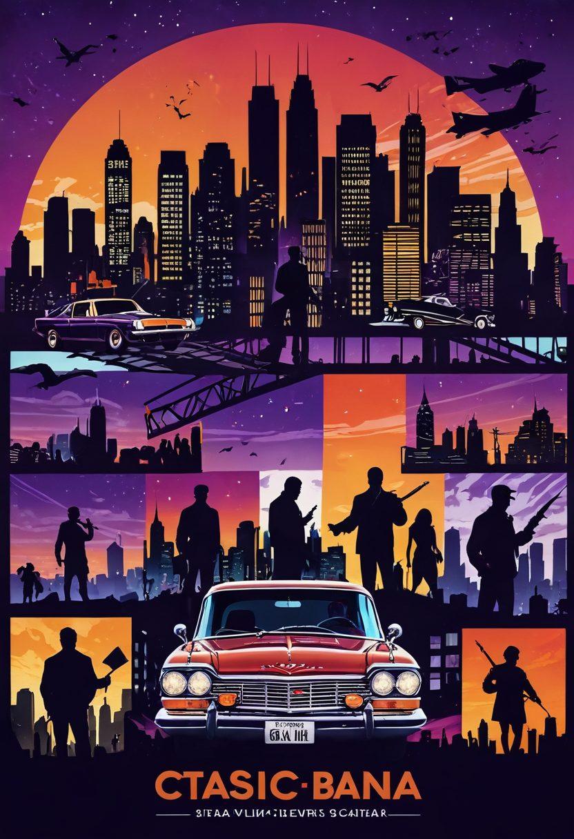 A cinematic collage featuring iconic film elements: a classic film reel, a clapperboard, and silhouettes of legendary movie characters from both recent hits and cult classics, all set against a vibrant city skyline at dusk. Include small reels of film unspooling into the foreground, with a pop of color highlighting the diversity of genres. Capture a sense of nostalgia and excitement for film lovers. vibrant colors. cinematic art. 3D.