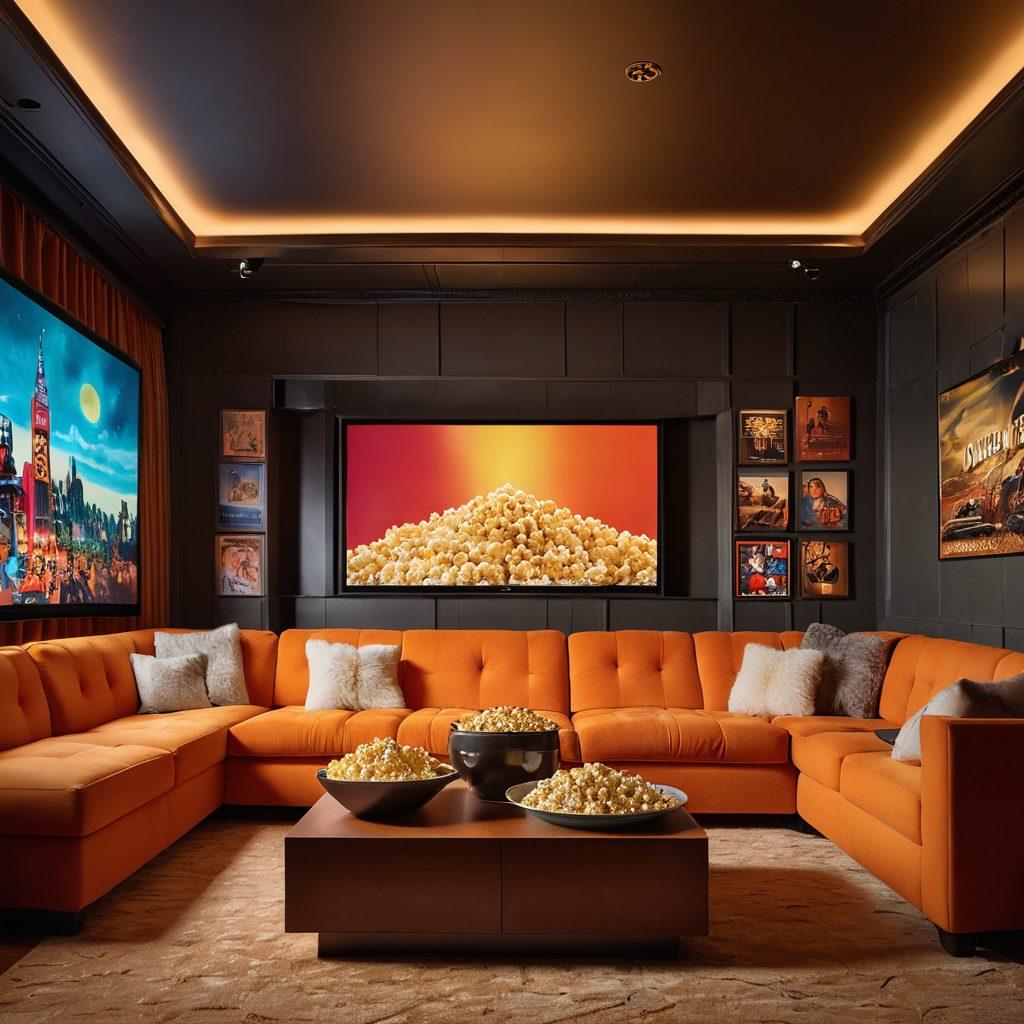 A cinematic scene featuring a cozy home theater with plush seating, a large screen displaying iconic movie scenes, scattered classic film reels, popcorn, and a warm glow from the projector. Include posters of classic and contemporary films adorning the walls, inviting a sense of nostalgia and discovery. super-realistic. vibrant colors. 3D.